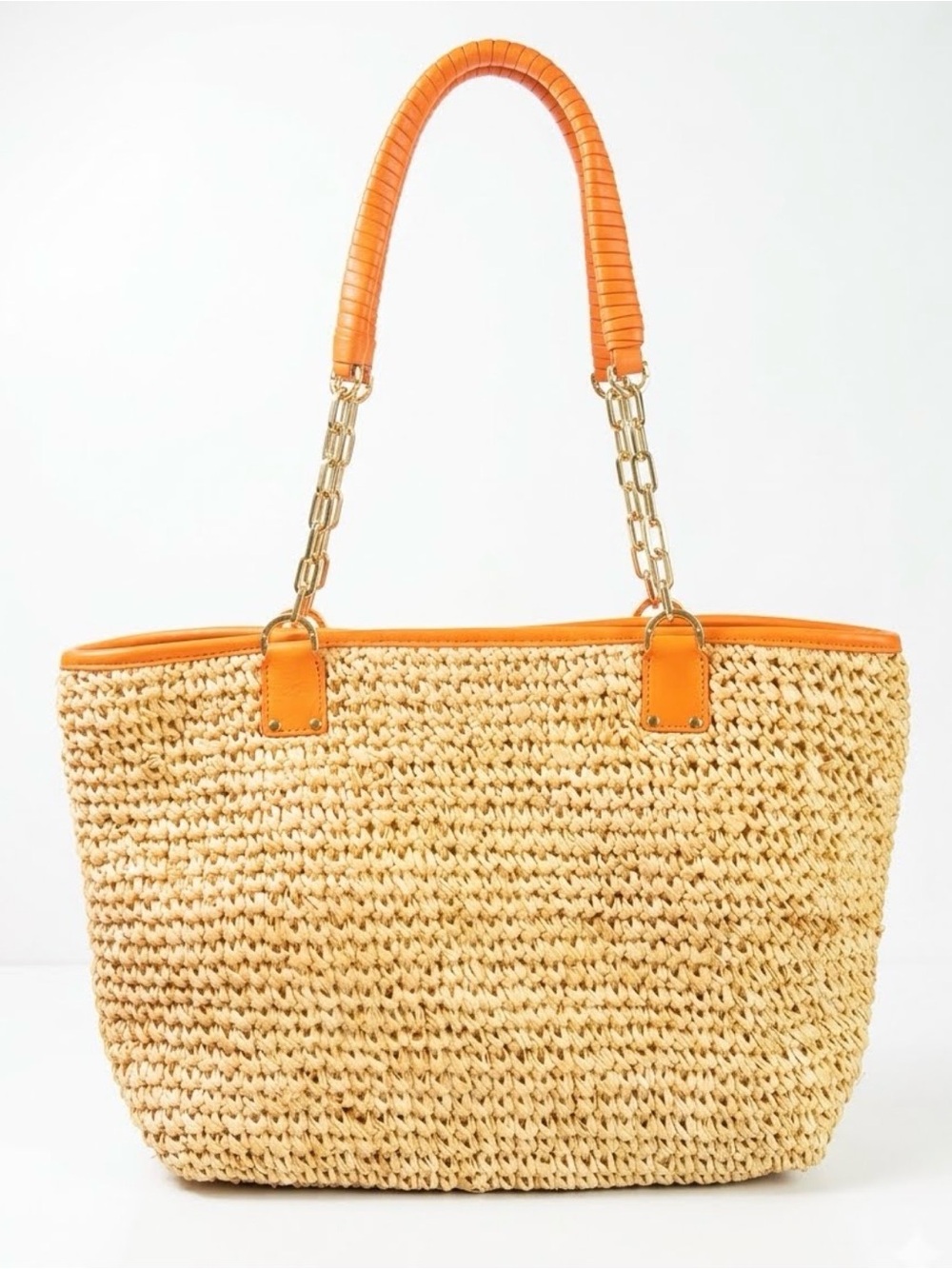 Tory Burch Straw Tote shoulder chain Orange Trim and Gold Chain Handles - Picture 8 of 9